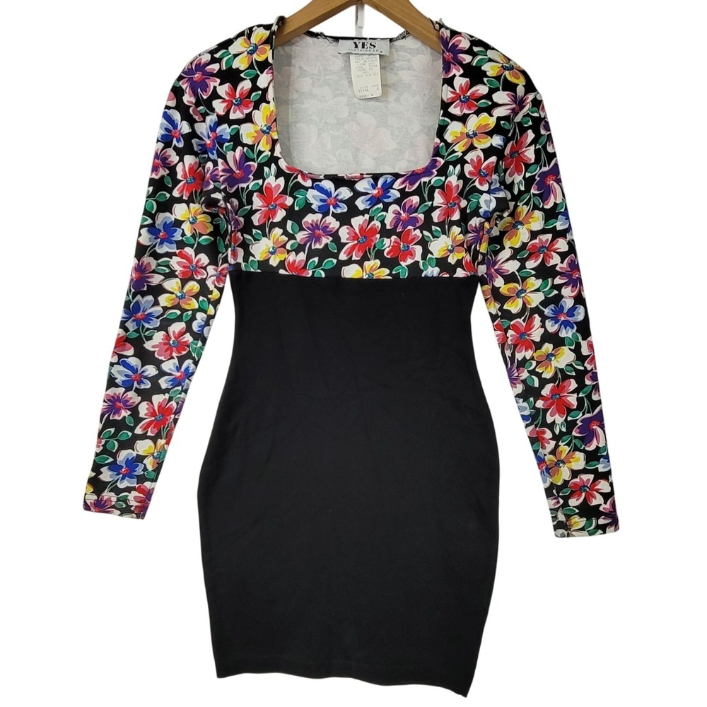 Yes Clothing Vintage Black & Floral Square Neck Long Sleeve Sheath Dress Small